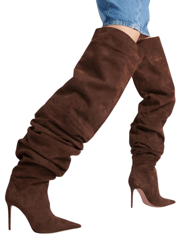 Woman's Brown Suede Stiletto Heels Thigh High Boots Pointed Toe Slip-On Pleated Super High Heel Denim Boots, Drestiny, Thigh High Boots, Boots, Heels, High Heels, Stilettos, Stiletto Boots, Suede Boots, Scrunch Boots, Over The Knee Boots, United States, Canada, Australia, New Zealand, United Kingdom, Brown, Dark Brown, Denim, Denim Blue, Black, Yellow Brown, 4.5, 5, 5.5, 6, 7, 8, 9, 9.5, 10, 10.5, shopdrestiny.com